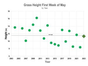 Graph showing that grass height is at the 20 year average for first week of May