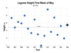 Graph showing legume height is at the 20 year average for the first week of May
